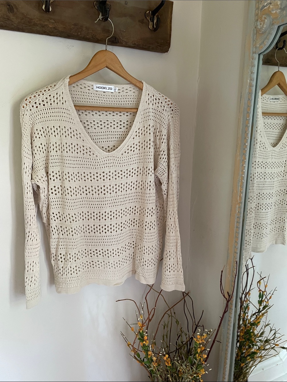 Hook&Zo Cream Open-Knit V-Neck Sweater